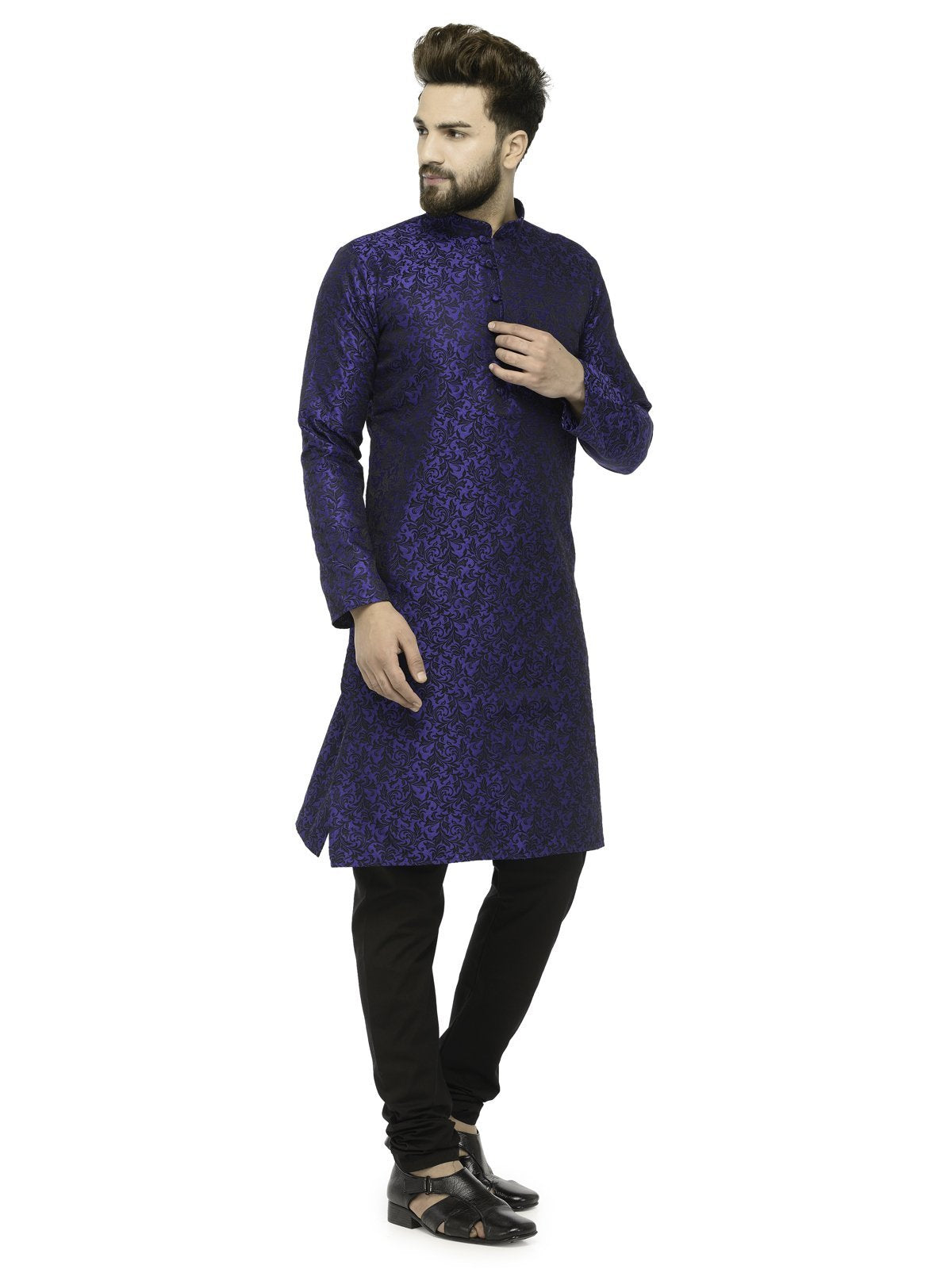 Men's Royal Blue & Black Self Design Kurta Only ( KO 517 Royal-Blue ) - Virat Fashions
