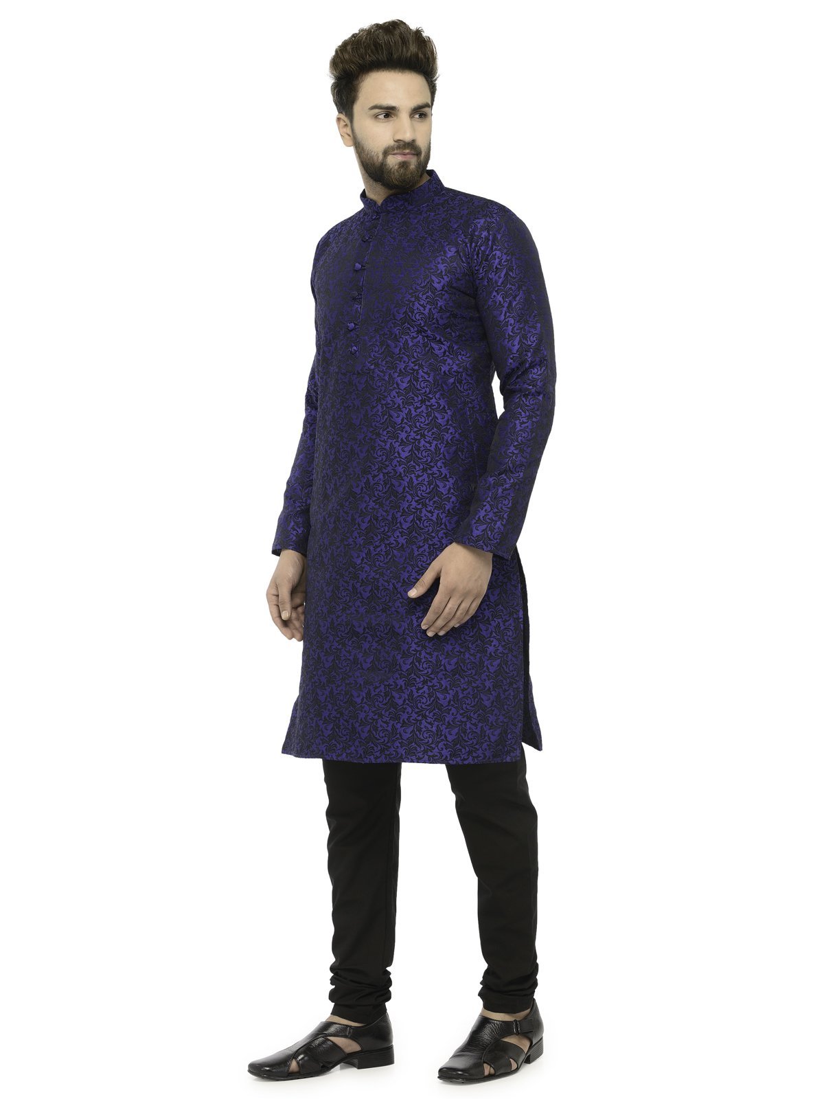 Men's Royal Blue & Black Self Design Kurta Only ( KO 517 Royal-Blue ) - Virat Fashions
