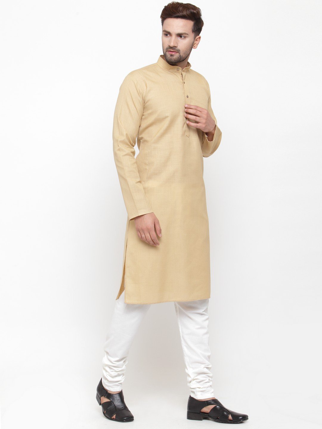 Men's Beige & White Solid Kurta with Churidar ( JOKP 532 Beige ) - Virat Fashions