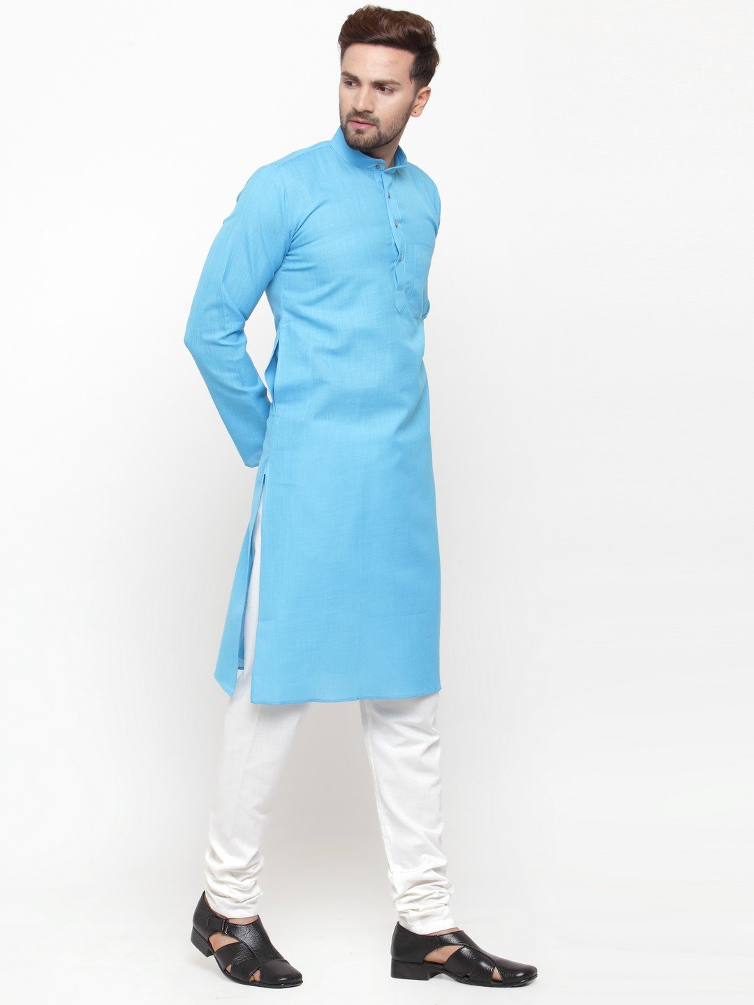 Men's Sky Blue & White Solid Kurta with Churidar ( JOKP 532 Sky ) - Virat Fashions