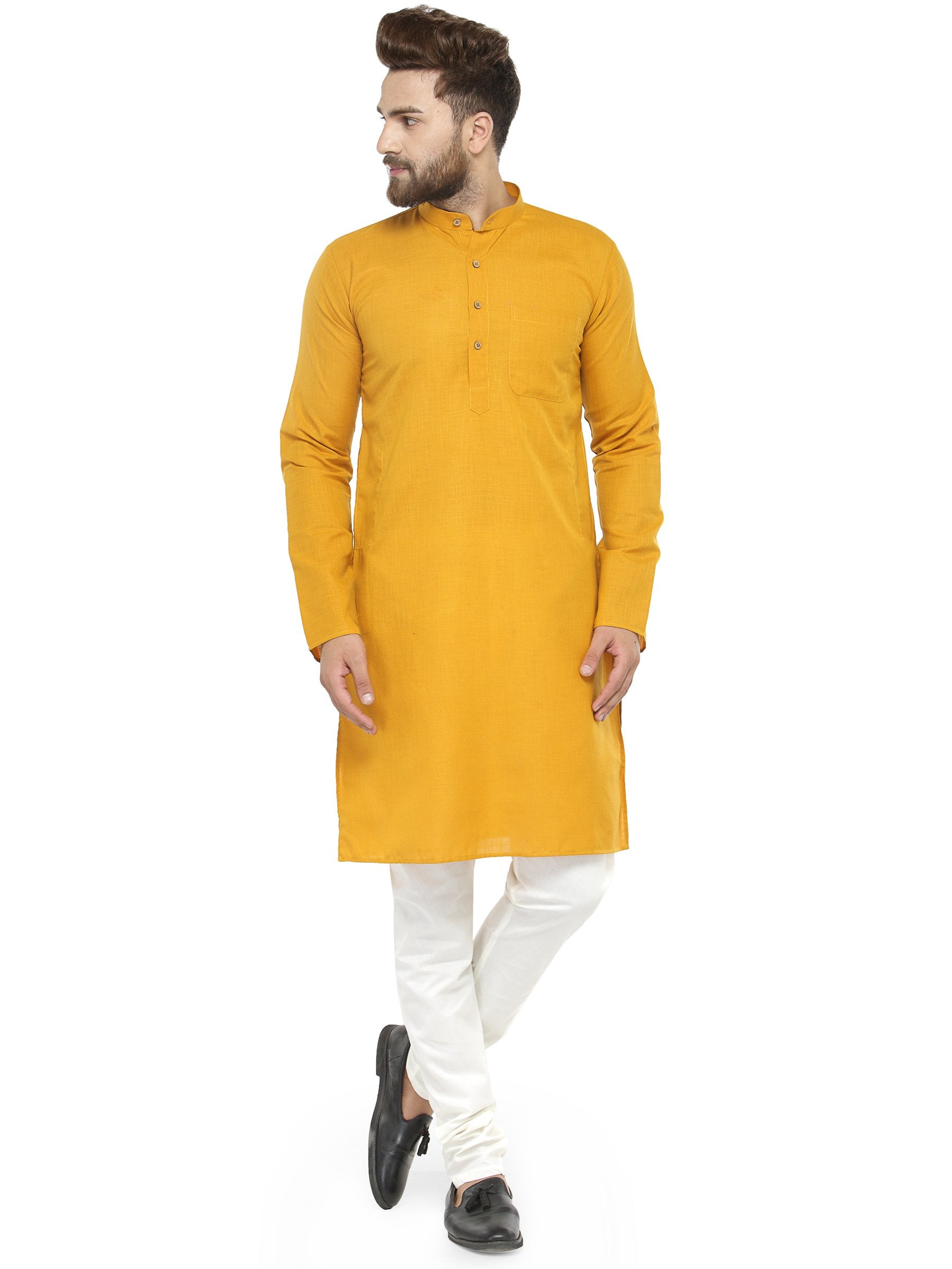 Men's Yellow & White Solid Kurta with Churidar ( JOKP 532 Yellow ) - Virat Fashions