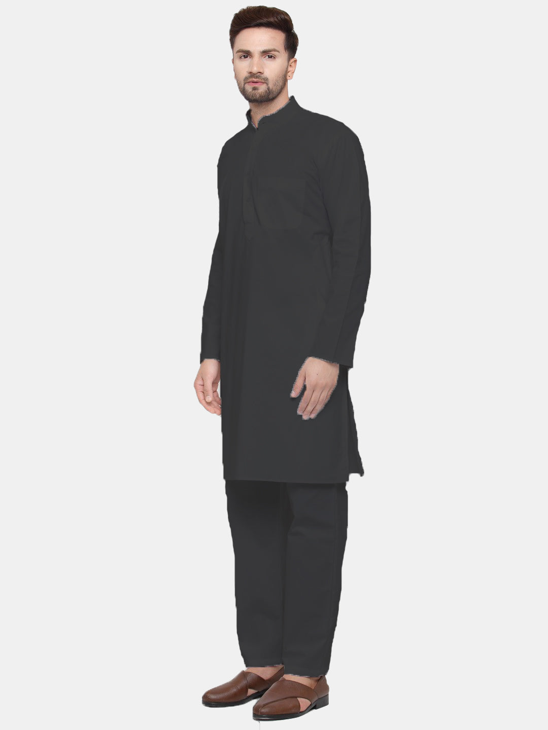 Men's Black Solid Cotton Kurta Payjama Set ( JOKP 555 Black ) - Virat Fashions