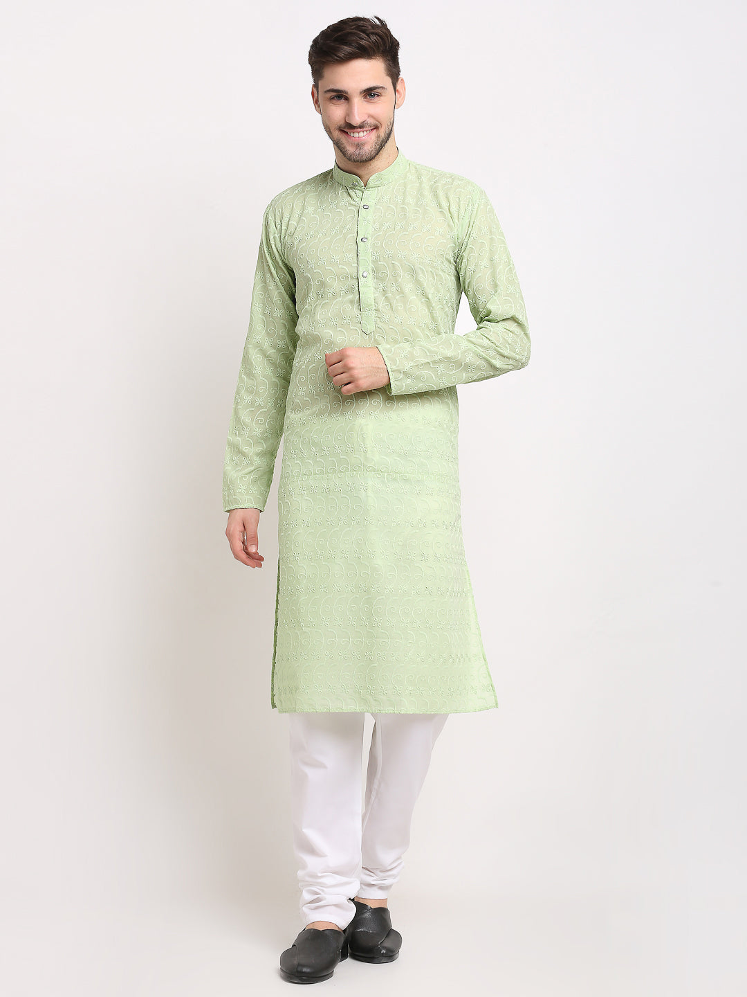 Men's Green Chikan Kurta With Churidar ( Jokp 561 Green ) - Virat Fashions
