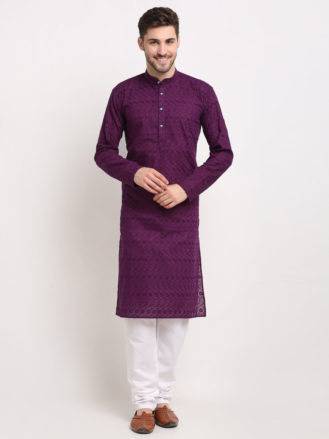 Men's Purple Chikan Kurta With Churidar ( Jokp 561 Purple ) - Virat Fashions