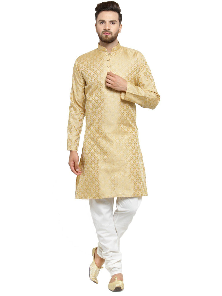 Men's Golden Self Design Kurta with Churidar ( JOKP 568 Golden )