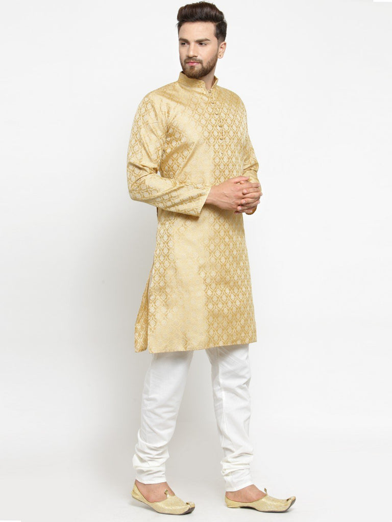 Men's Golden Self Design Kurta with Churidar ( JOKP 568 Golden )