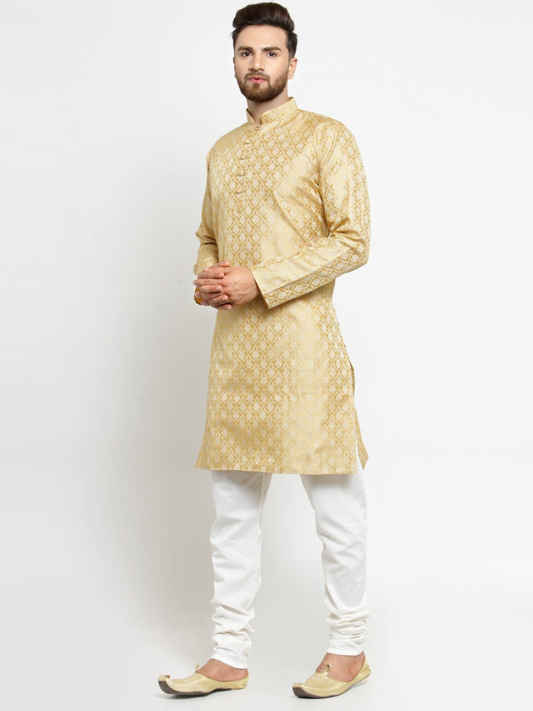 Men's Golden Self Design Kurta with Churidar ( JOKP 568 Golden )