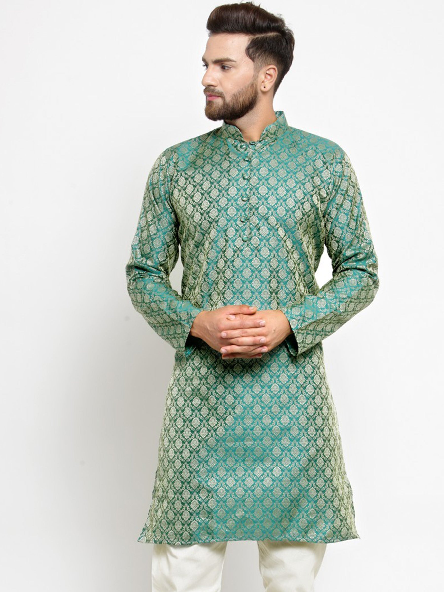 Men's Green & Beige Self Design Kurta Only ( KO 568 Green ) - Virat Fashions