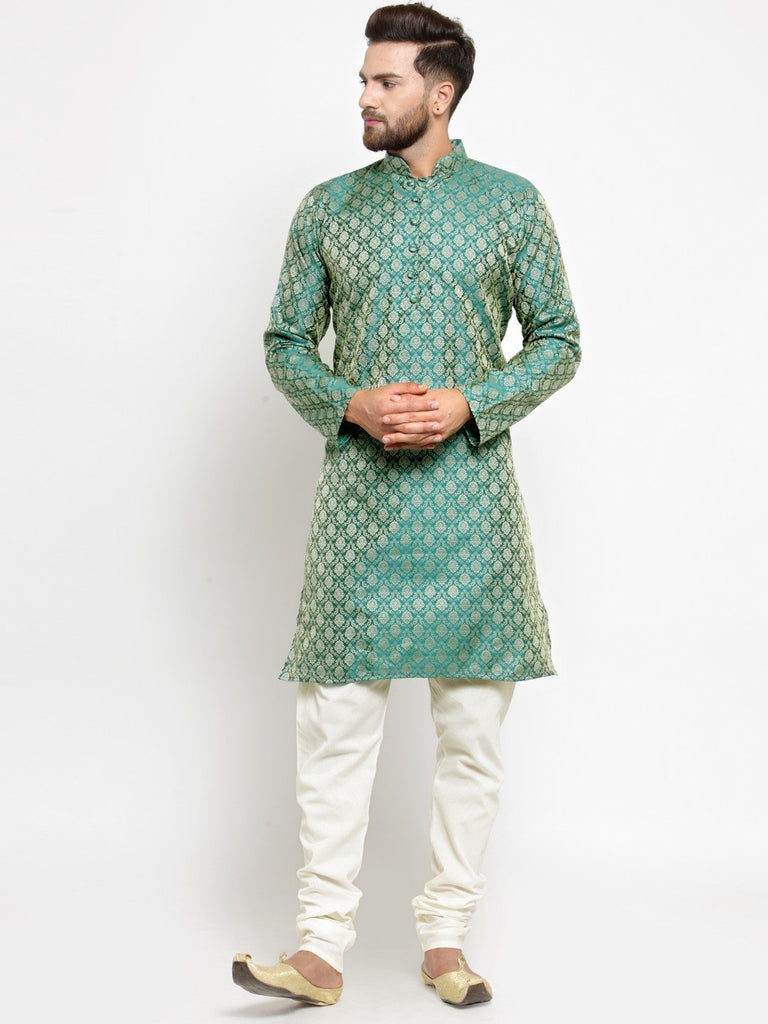 Men's Green & Beige Self Design Kurta with Churidar ( JOKP 568 Green )