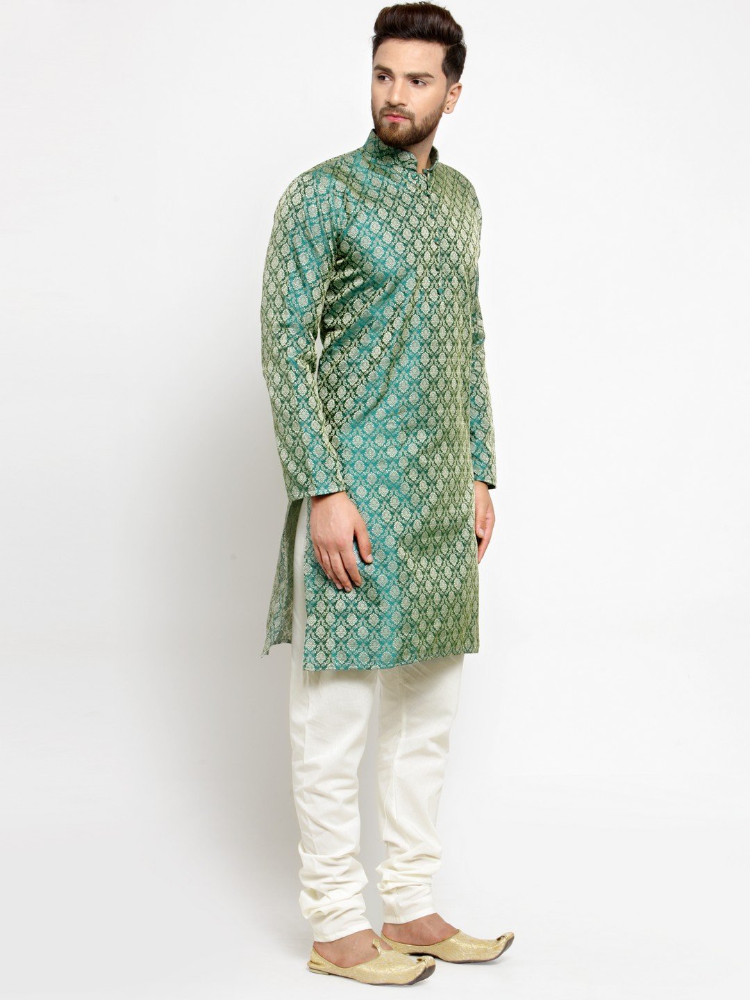 Men's Green & Beige Self Design Kurta with Churidar ( JOKP 568 Green ) - Virat Fashions
