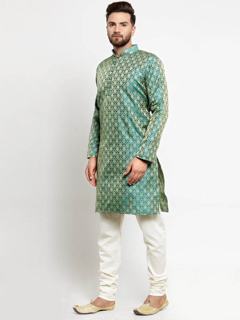 Men's Green & Beige Self Design Kurta with Churidar ( JOKP 568 Green )