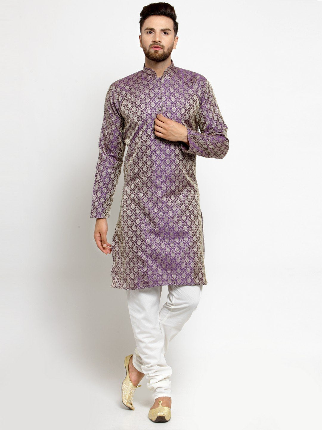 Men's Purple & Beige Self Design Kurta with Churidar ( JOKP 568 Purple ) - Virat Fashions