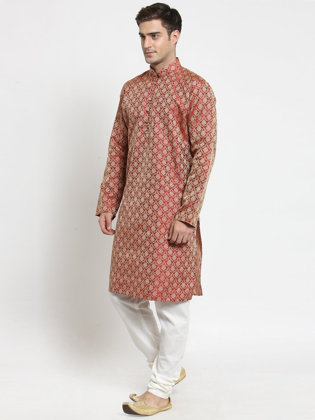 Men's Red & Beige Self Design Kurta with Churidar ( JOKP 568 Red ) - Virat Fashions
