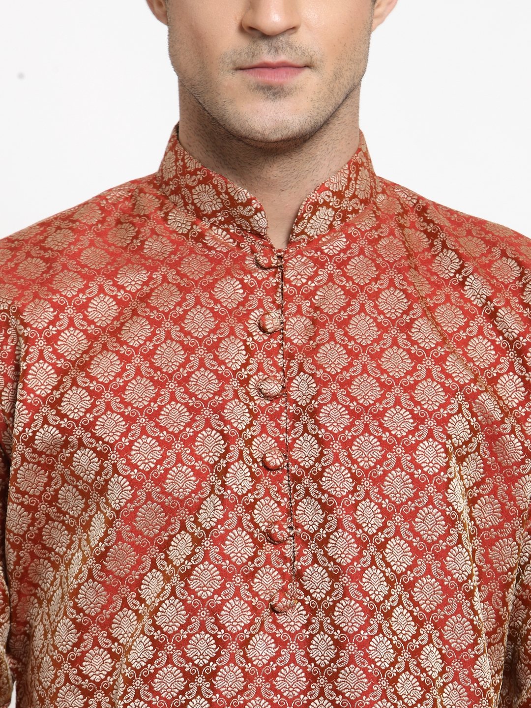 Men's Red & Beige Self Design Kurta with Churidar ( JOKP 568 Red ) - Virat Fashions