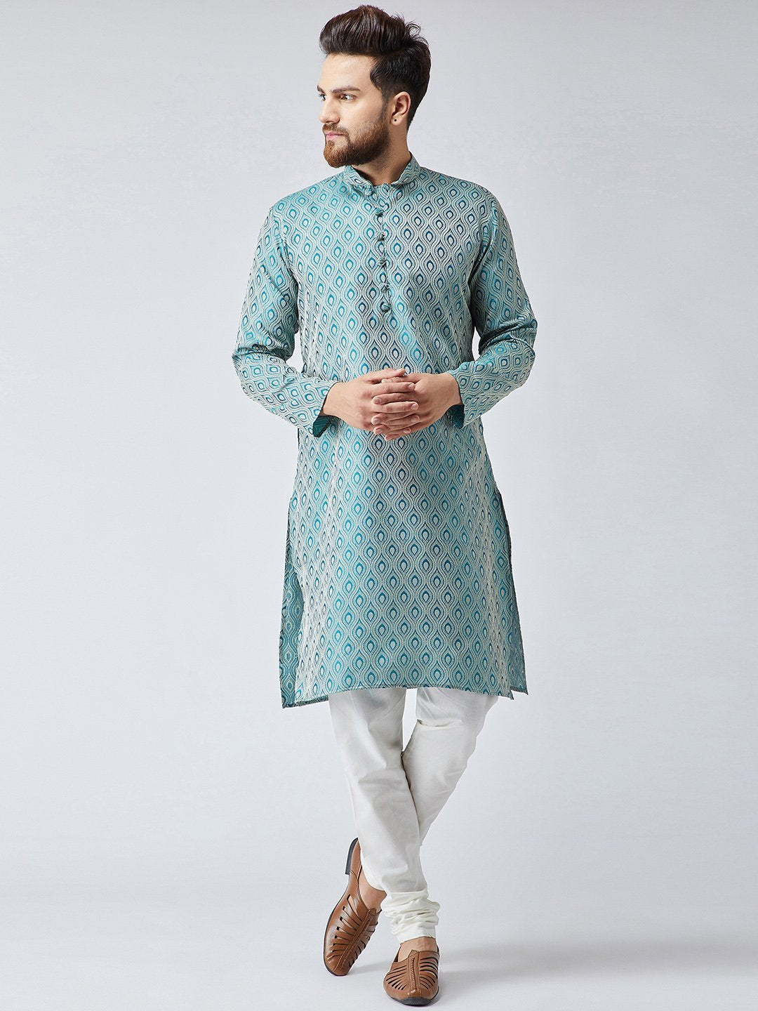 Men's Green & Off-White Self Design Kurta Only ( KO 569Green ) - Virat Fashions