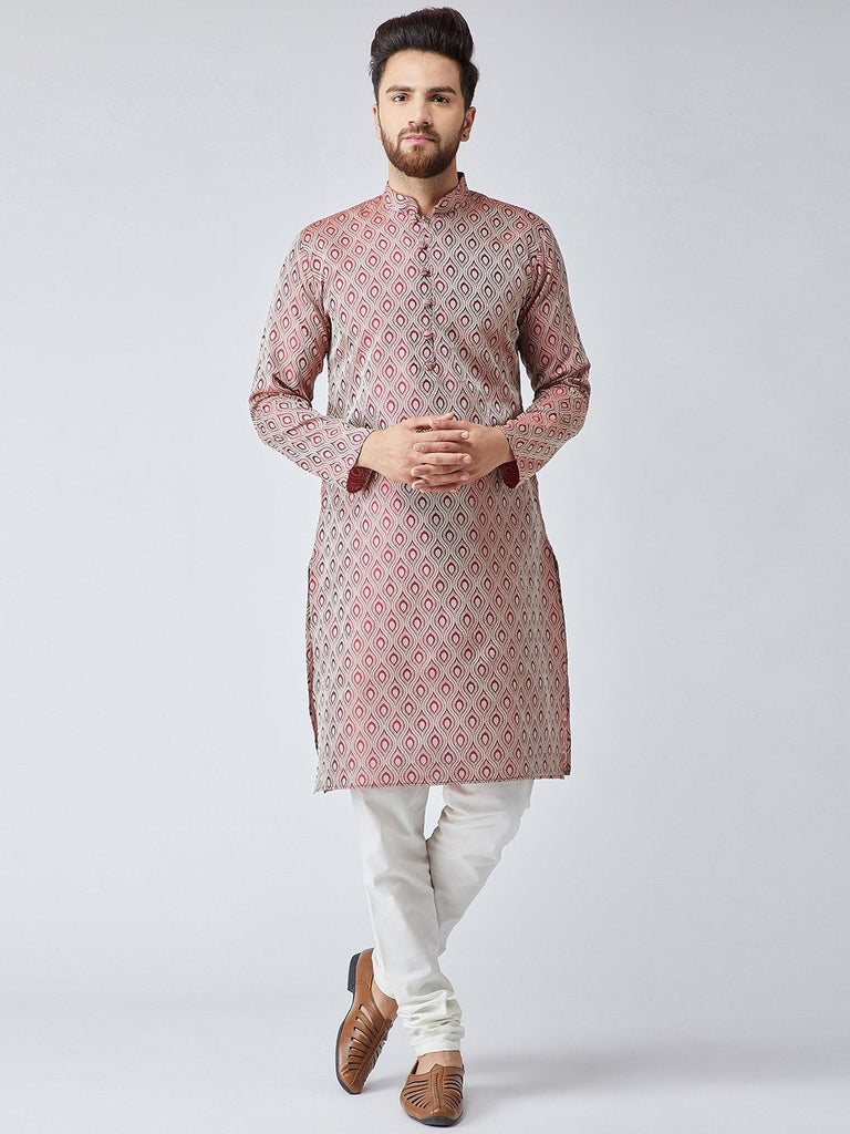 Men's Maroon & Off-White Self Design Kurta Only ( KO 569Maroon )