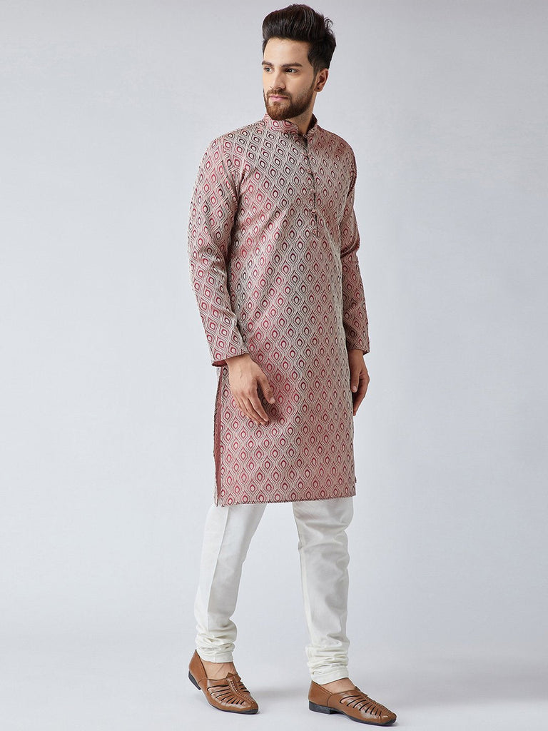 Men's Maroon & Off-White Self Design Kurta Only ( KO 569Maroon )