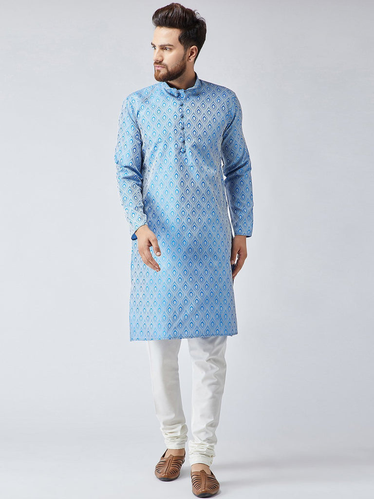 Men's Sky Blue & Off-White Self Design Kurta Only ( KO 569Sky )