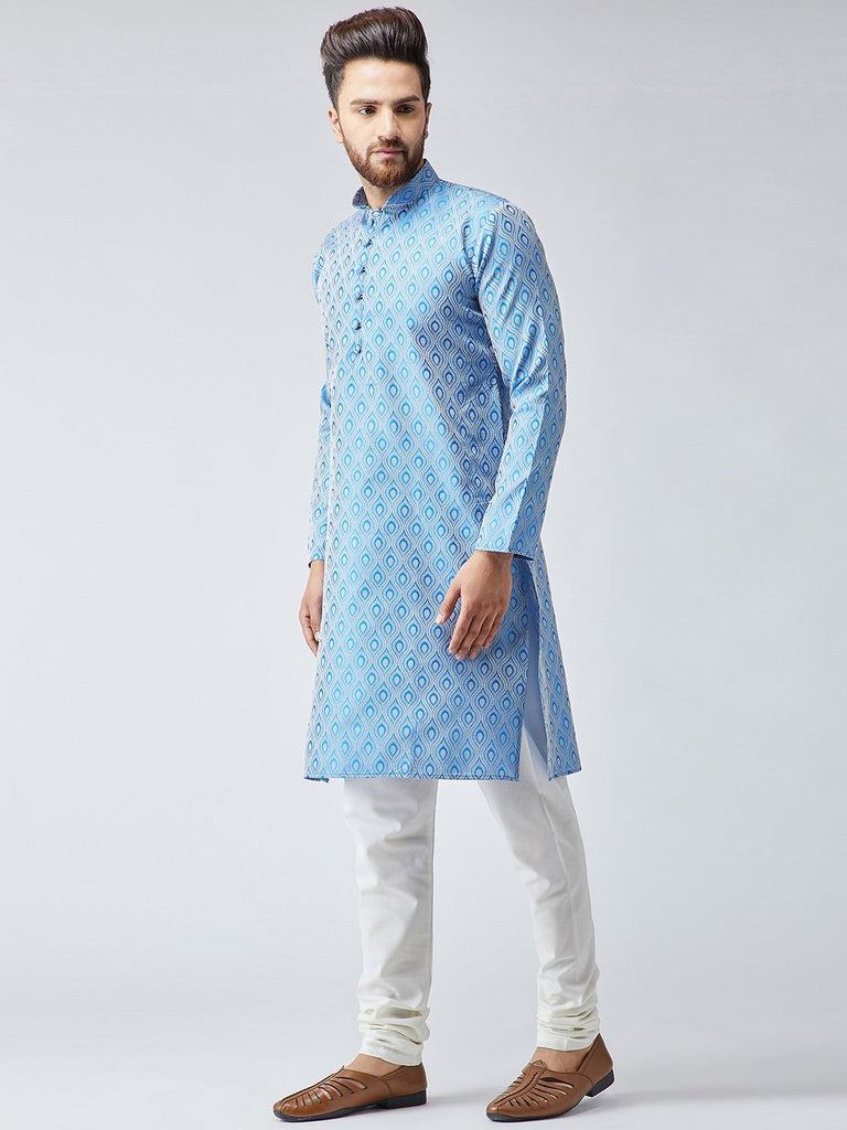 Men's Sky Blue & Off-White Self Design Kurta Only ( KO 569Sky )