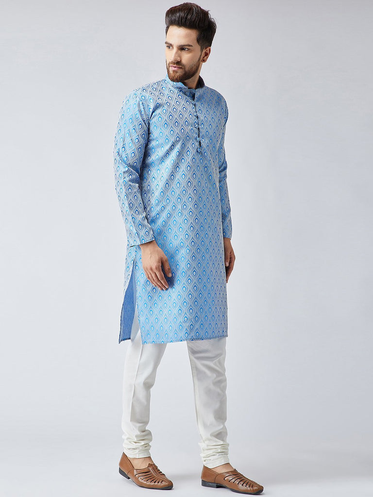 Men's Sky Blue & Off-White Self Design Kurta Only ( KO 569Sky )