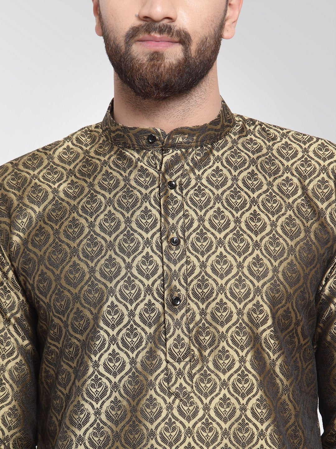 Men's Gold-Colored & Black Self Design Kurta with Churidar ( JOKP 584 Golden ) - Virat Fashions