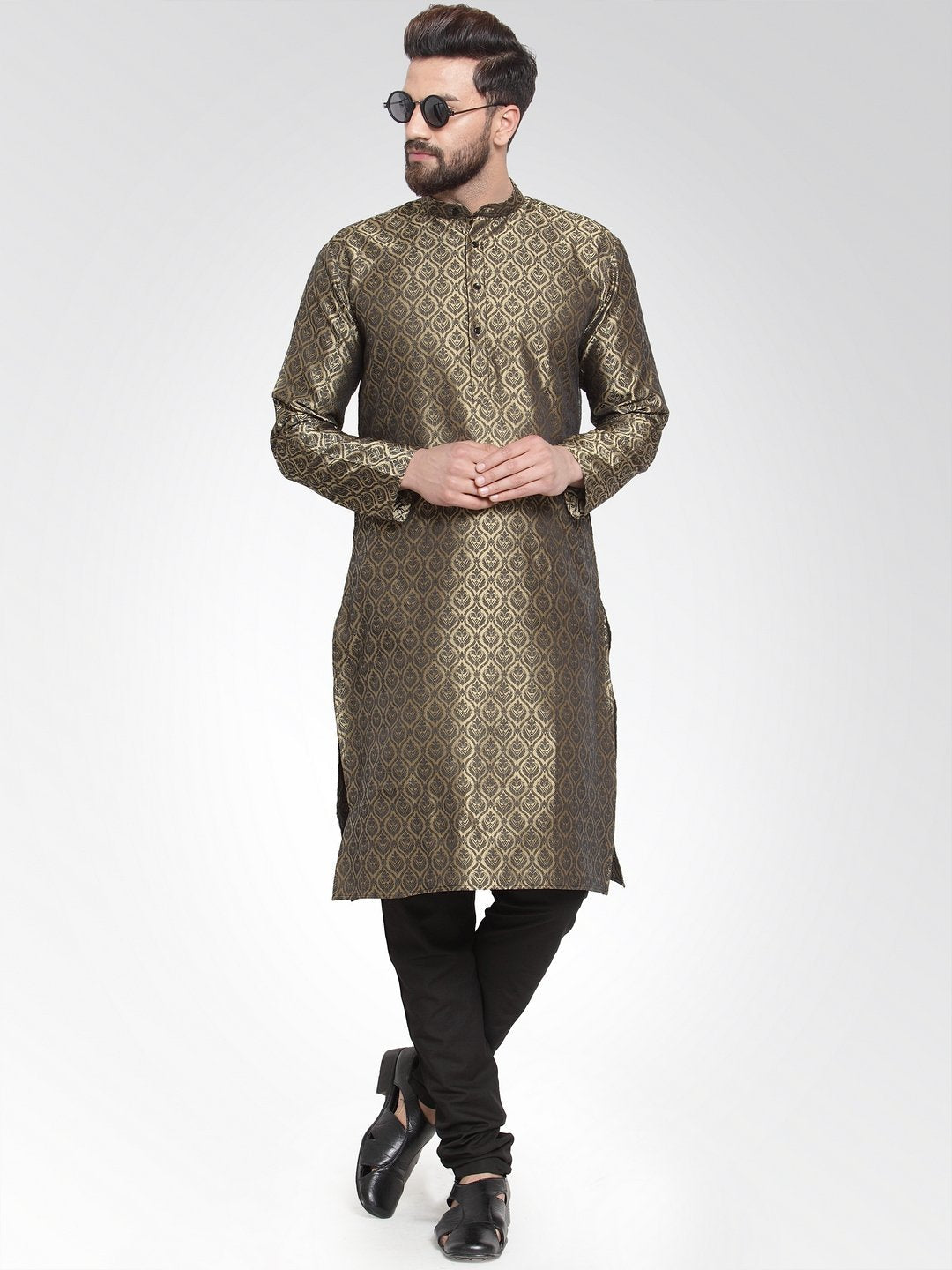 Men's Gold-Colored & Black Self Design Kurta with Churidar ( JOKP 584 Golden ) - Virat Fashions