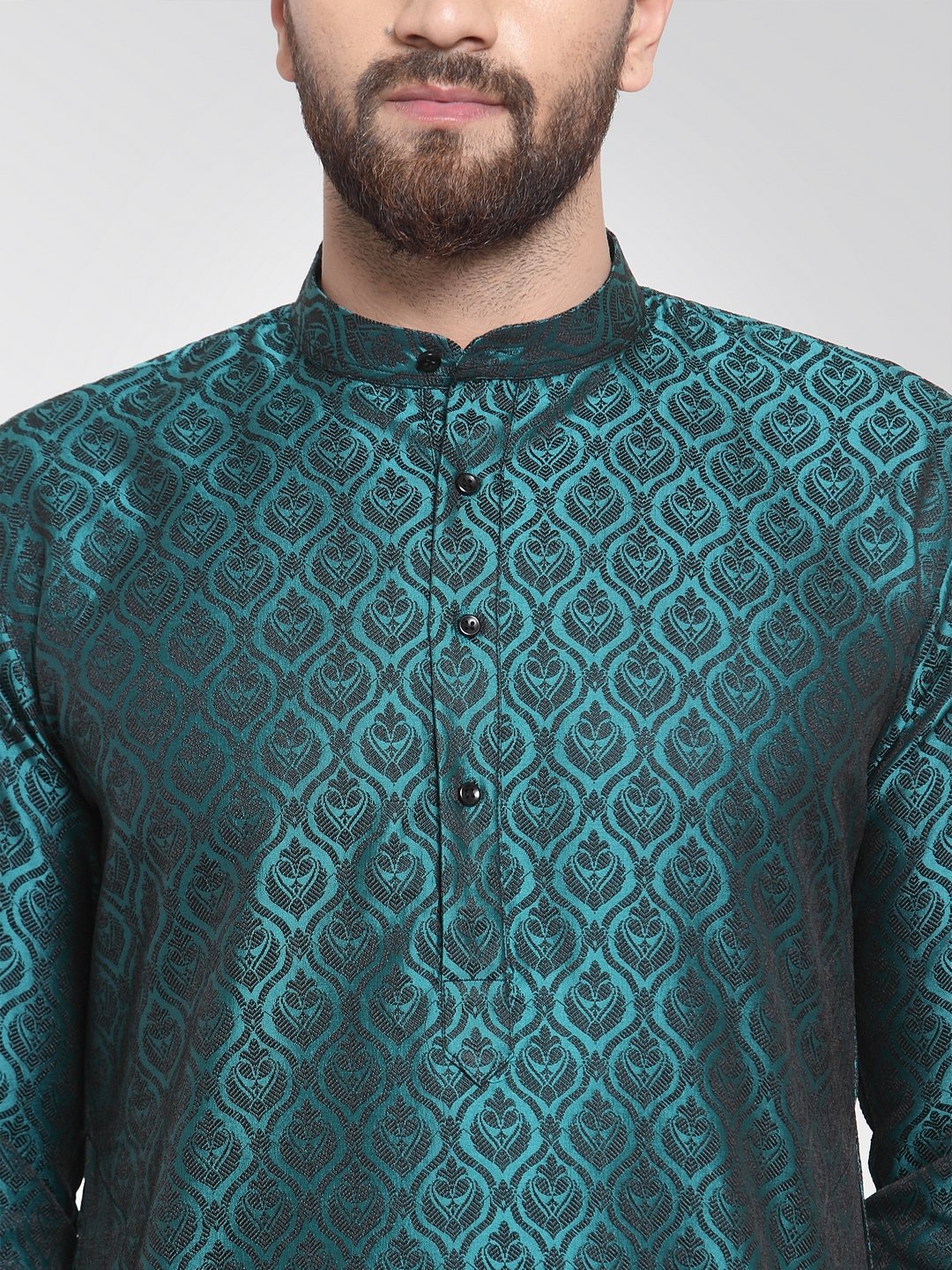 Men's Green-Colored & Black Self Design Kurta with Churidar ( JOKP 584 Green ) - Virat Fashions