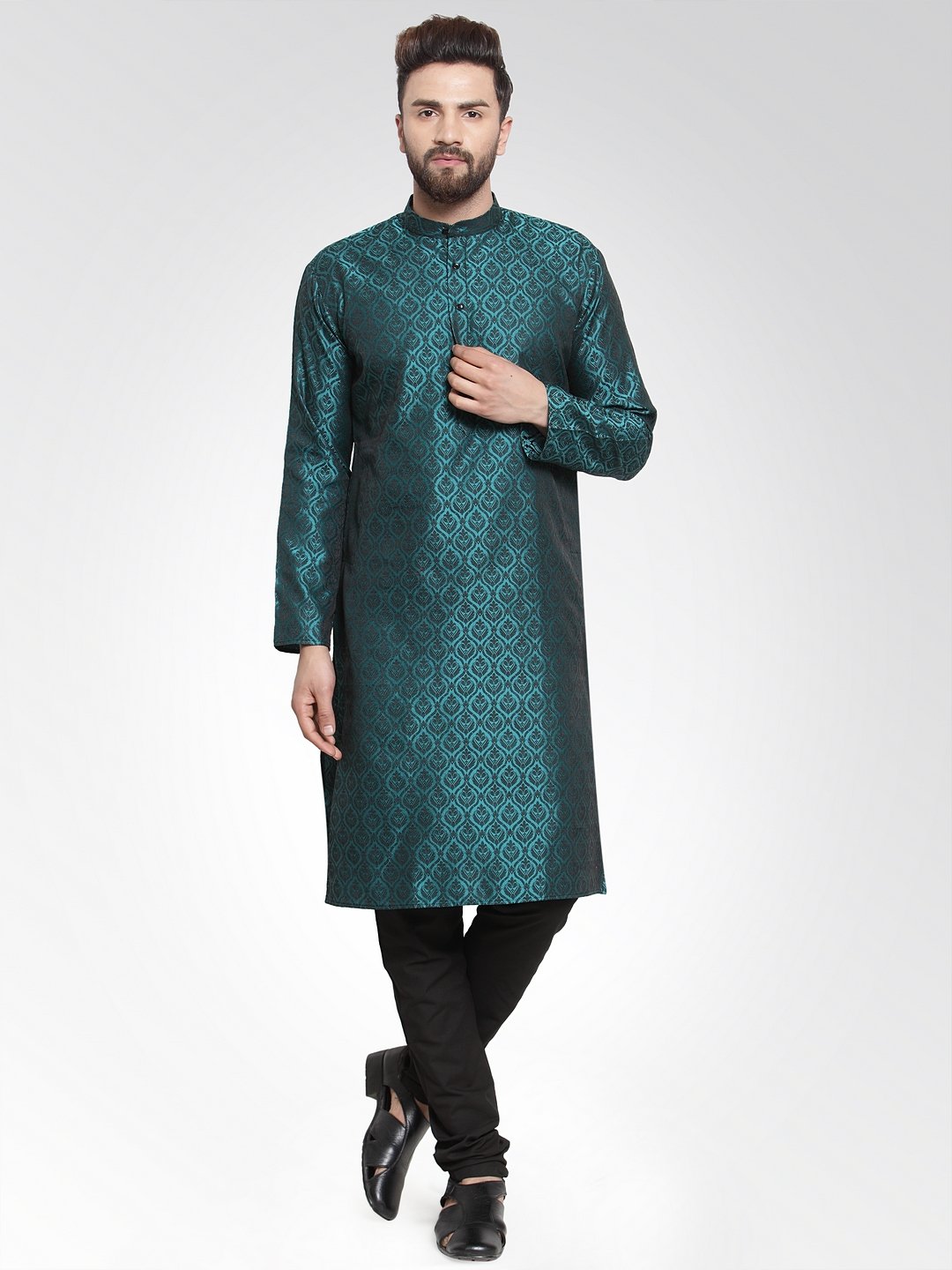 Men's Green-Colored & Black Self Design Kurta with Churidar ( JOKP 584 Green ) - Virat Fashions