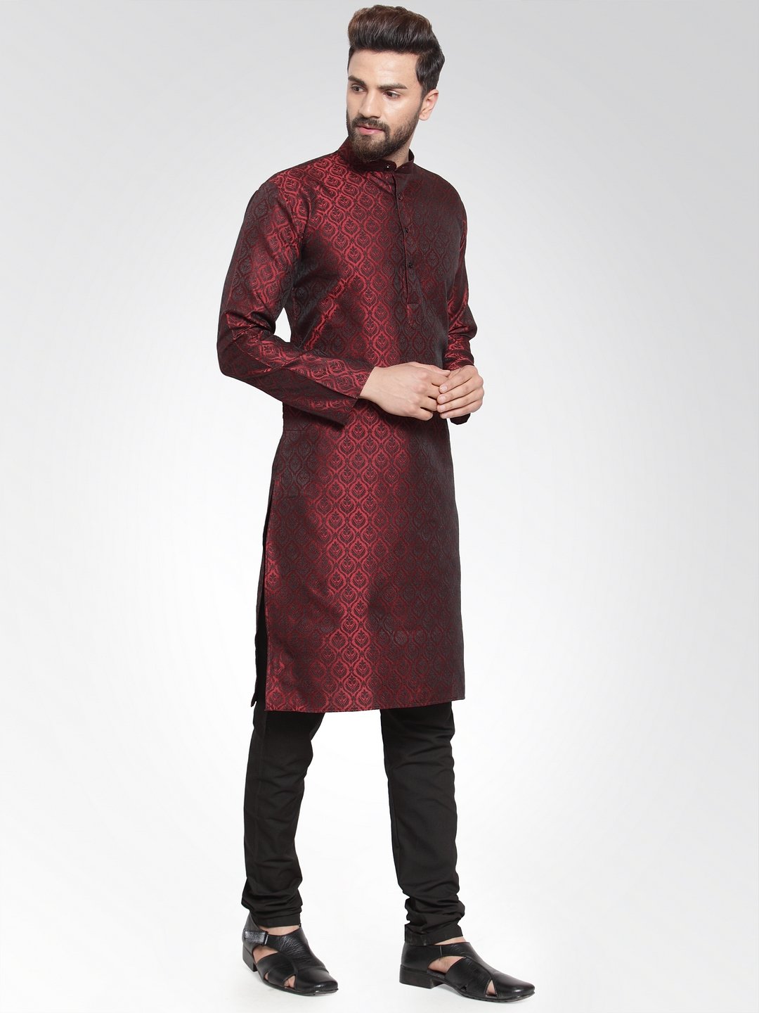 Men's Maroon-Colored & Black Self Design Kurta with Churidar ( JOKP 584 Maroon ) - Virat Fashions