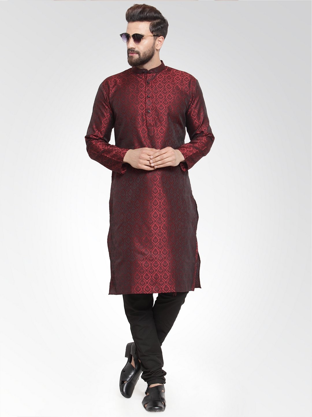 Men's Maroon-Colored & Black Self Design Kurta with Churidar ( JOKP 584 Maroon ) - Virat Fashions