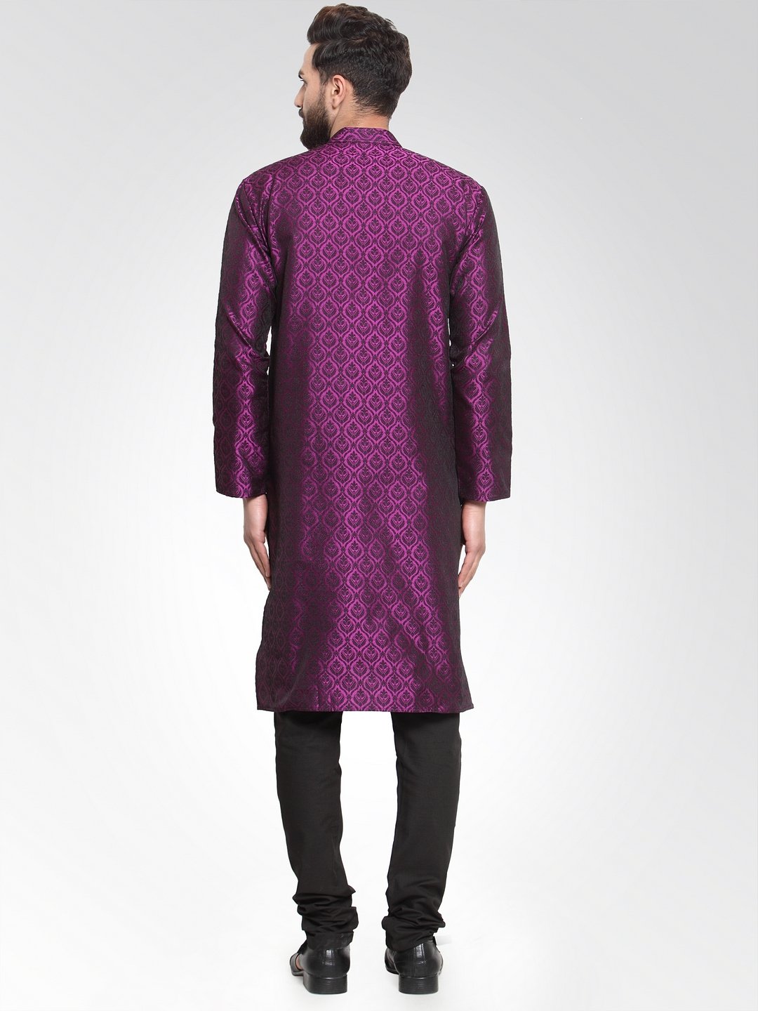 Men's Purple-Colored & Black Self Design Kurta with Churidar ( JOKP 584 Purple ) - Virat Fashions