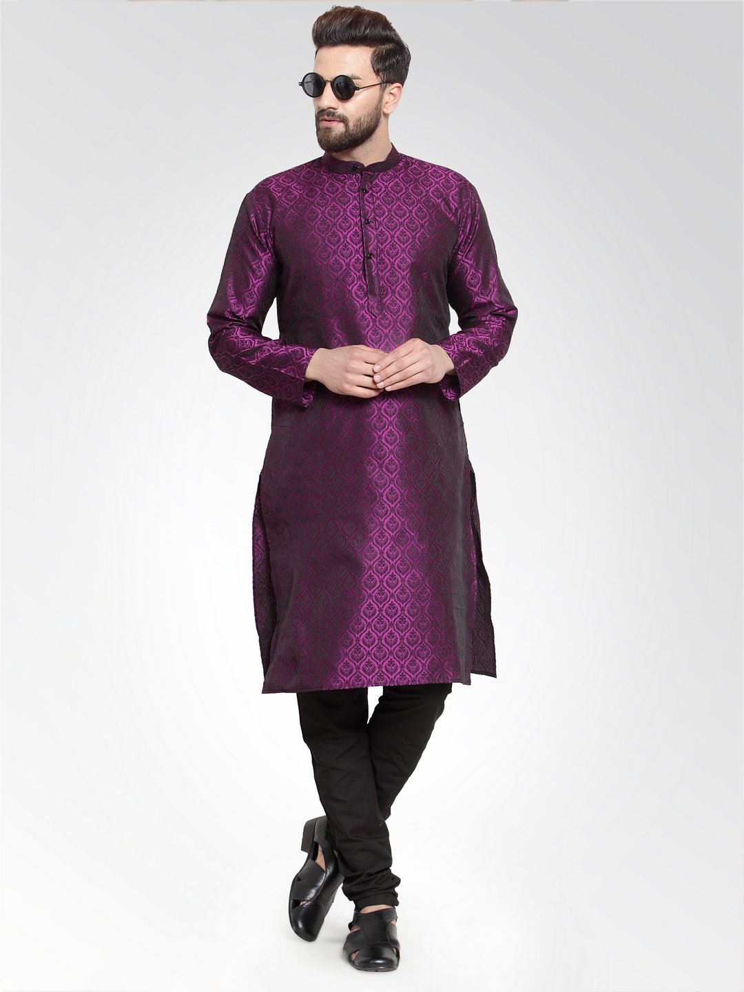 Men's Purple-Colored & Black Self Design Kurta with Churidar ( JOKP 584 Purple ) - Virat Fashions