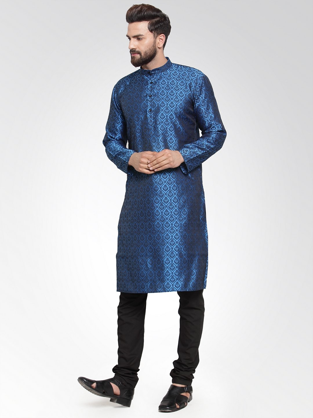 Men's Royal-Blue Colored & Black Self Design Kurta with Churidar ( JOKP 584 Royal Blue ) - Virat Fashions