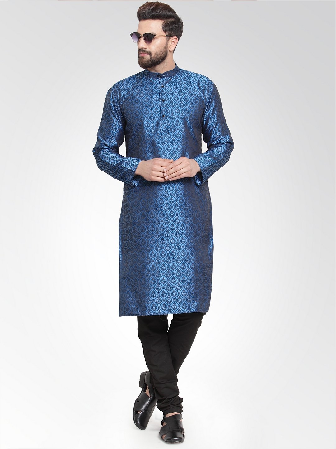 Men's Royal-Blue Colored & Black Self Design Kurta with Churidar ( JOKP 584 Royal Blue ) - Virat Fashions