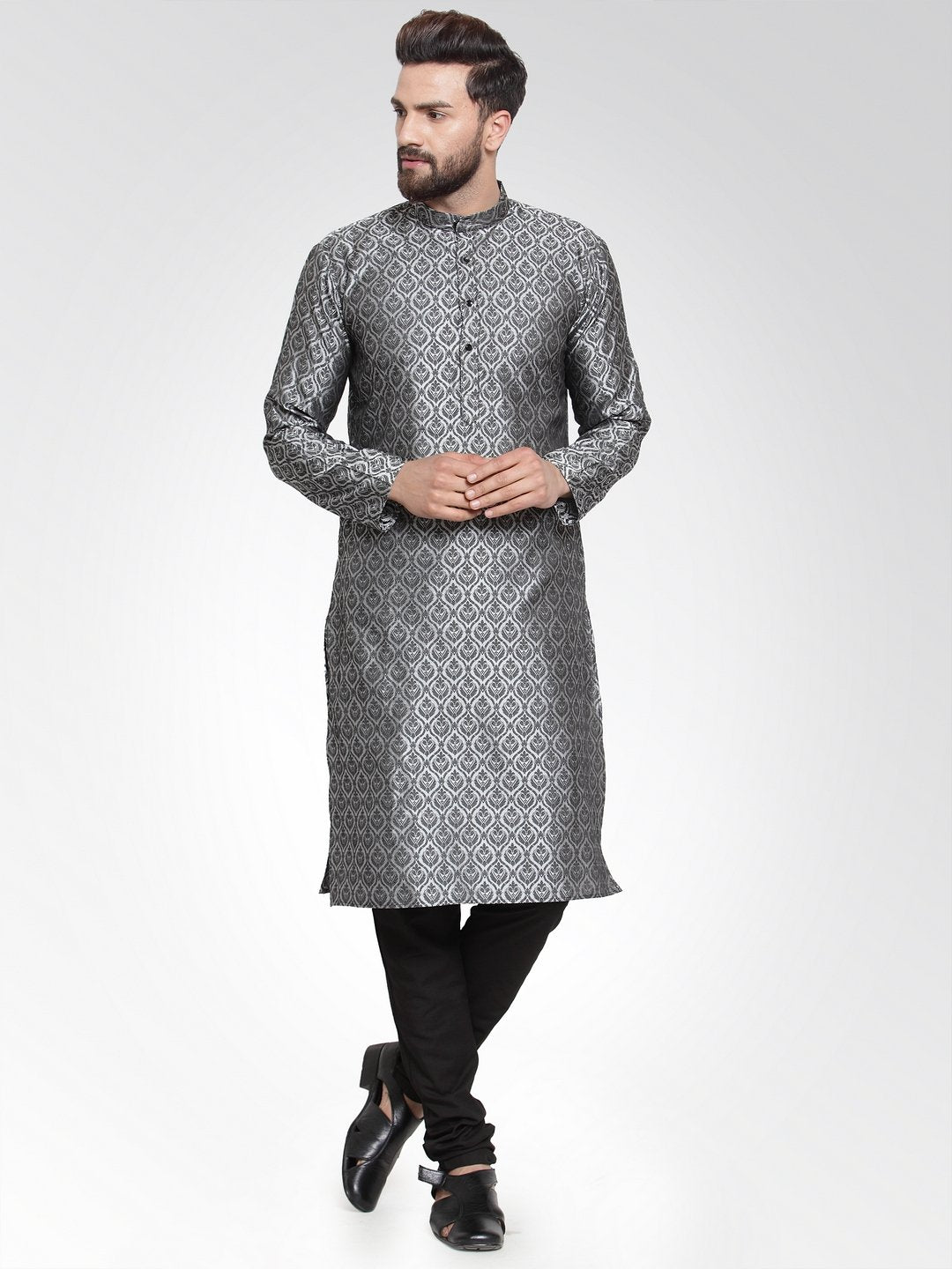 Men's Silver-Colored & Black Self Design Kurta with Churidar ( JOKP 584 Silver ) - Virat Fashions