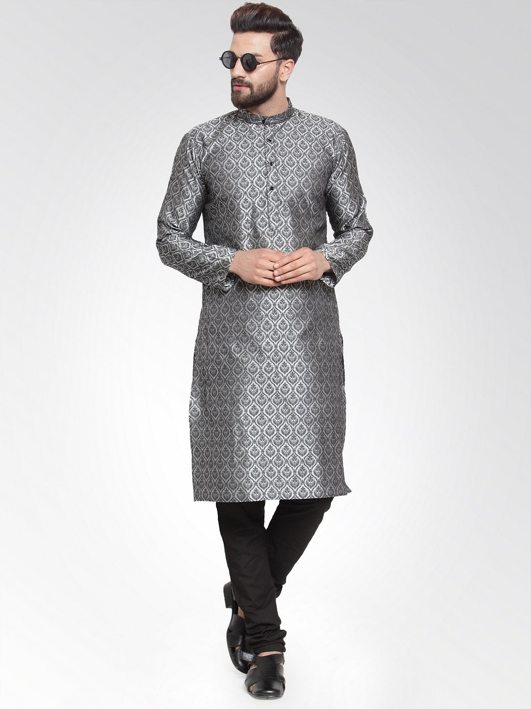 Men's Silver-Colored & Black Self Design Kurta with Churidar ( JOKP 584 Silver ) - Virat Fashions