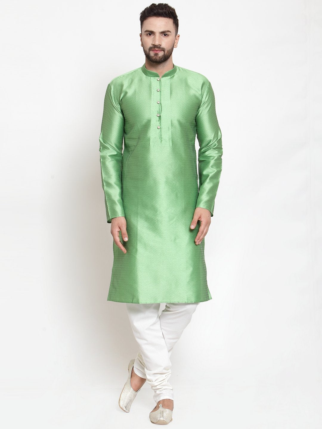 Men's Green & White Self Design Kurta Only ( KO 589 Green ) - Virat Fashions