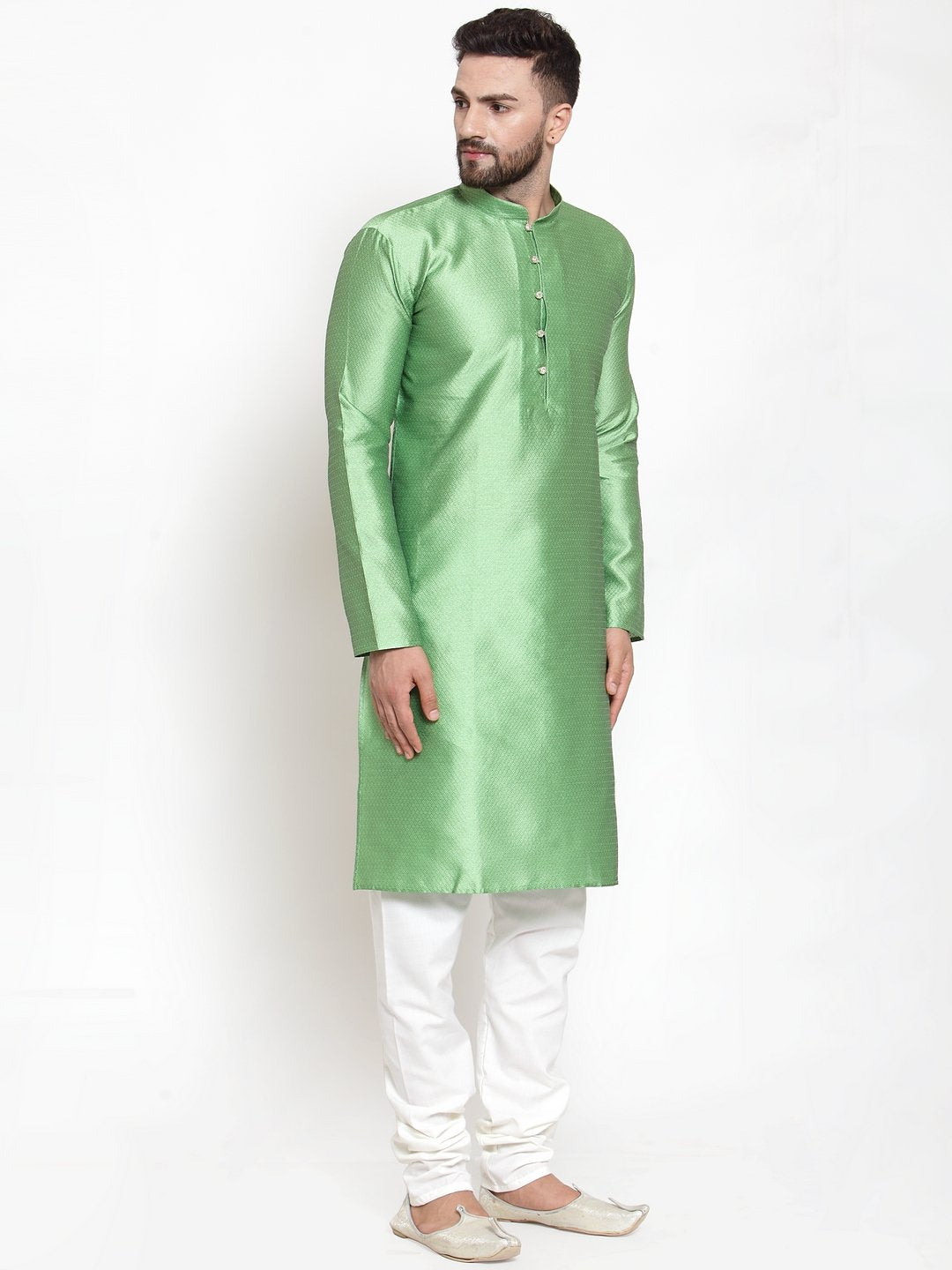 Men's Green & White Self Design Kurta Only ( KO 589 Green ) - Virat Fashions