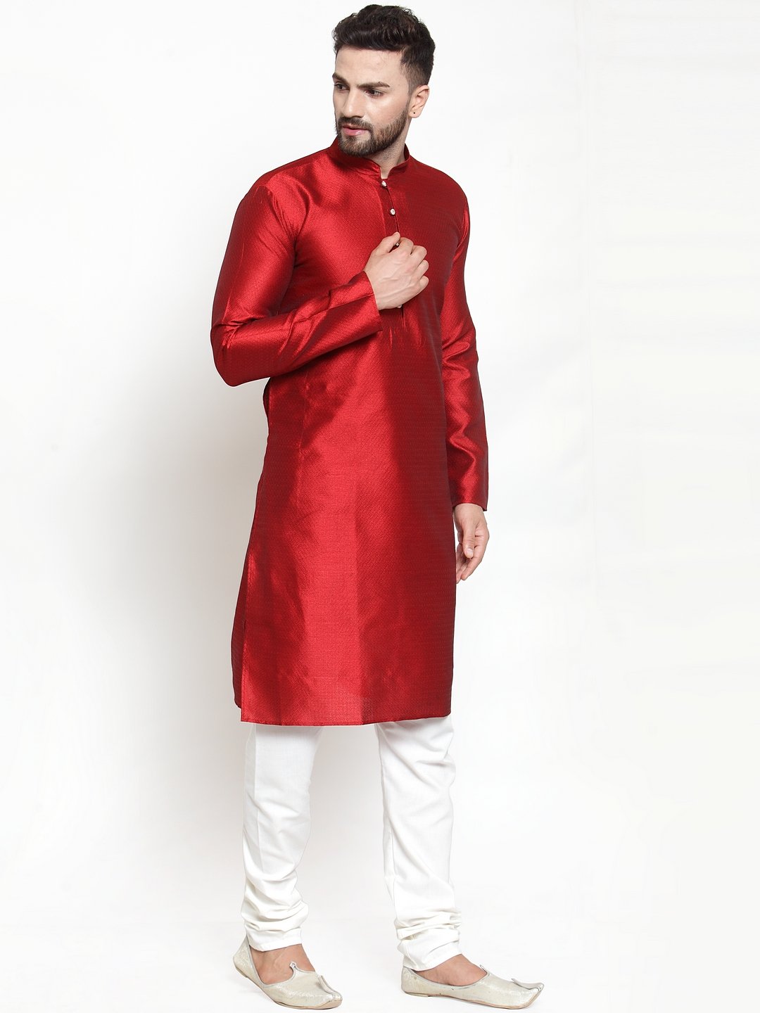 Men's Maroon & White Self Design Kurta Only ( KO 589 Maroon ) - Virat Fashions