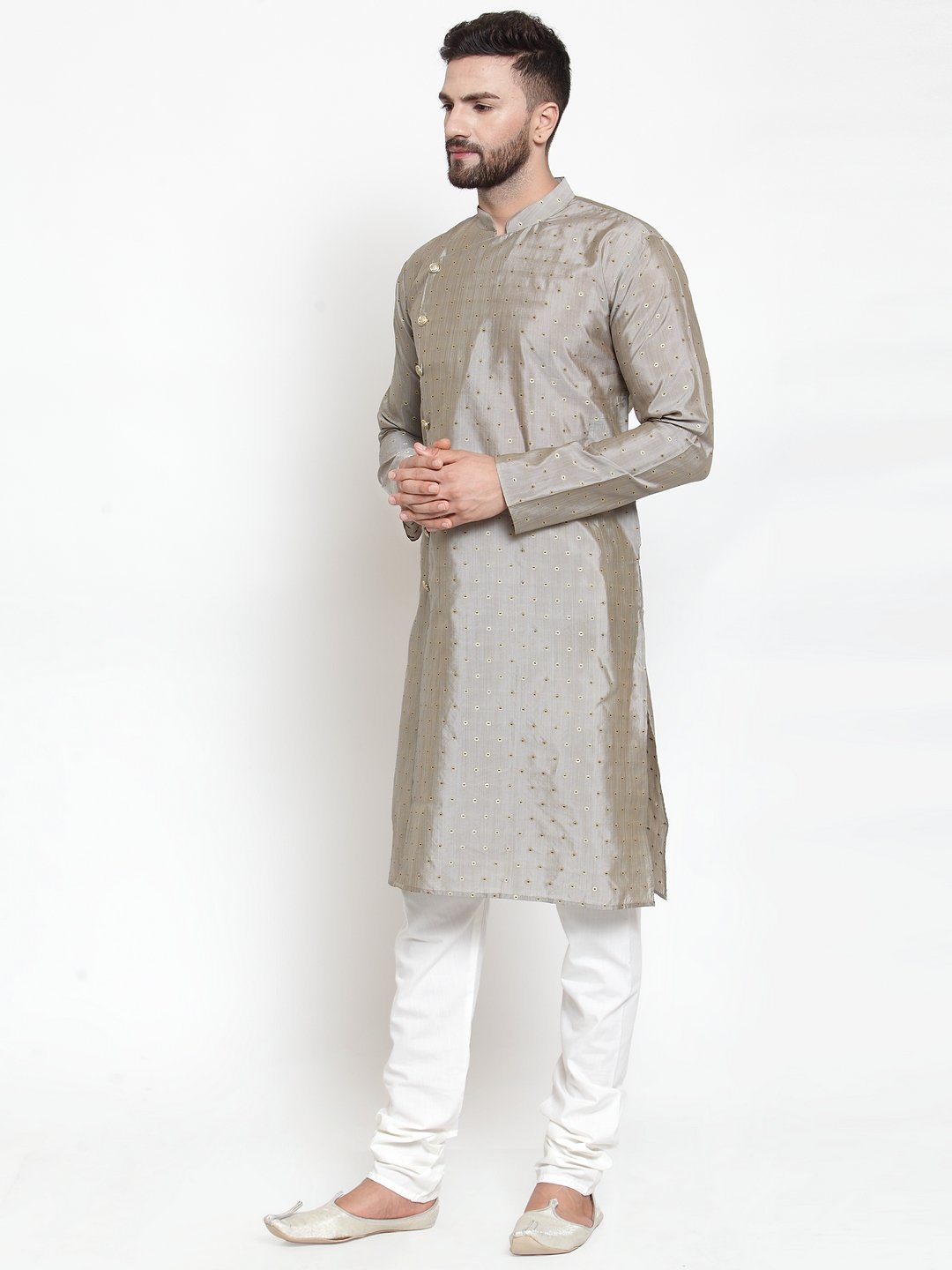 Men's Grey & Golden Self Design Kurta with Churidar ( JOKP 590 Grey ) - Virat Fashions