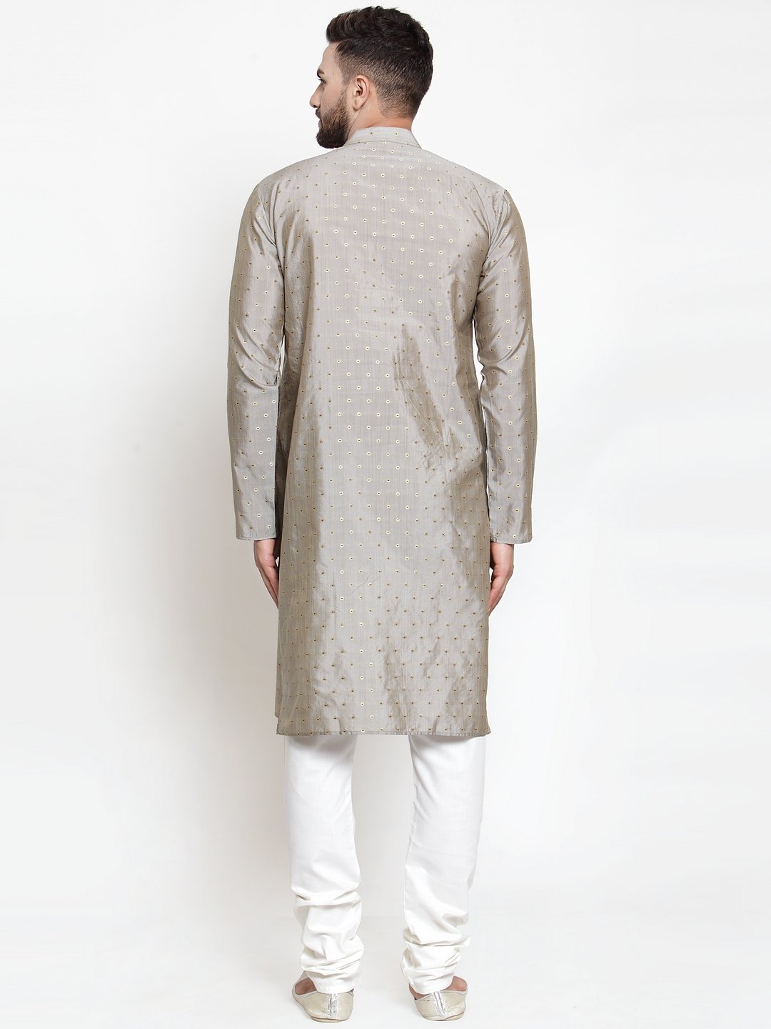 Men's Grey & Golden Self Design Kurta with Churidar ( JOKP 590 Grey ) - Virat Fashions