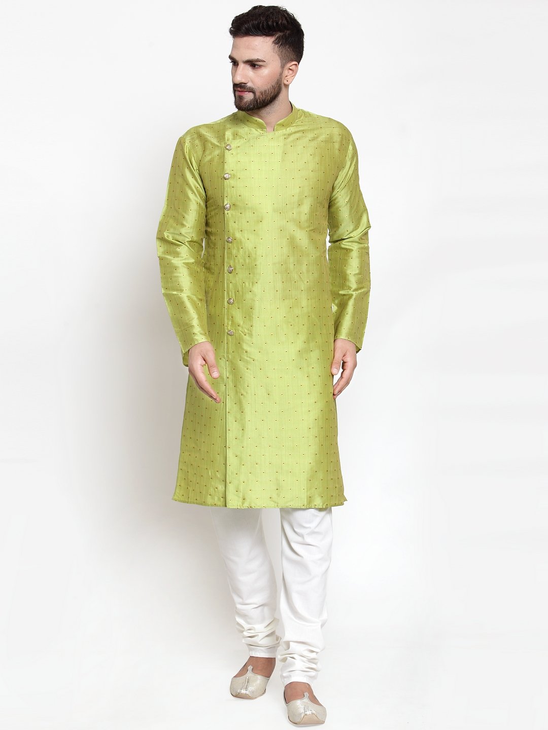 Men's Light-Green & Golden Self Design Kurta with Churidar ( JOKP 590 Light-Green ) - Virat Fashions