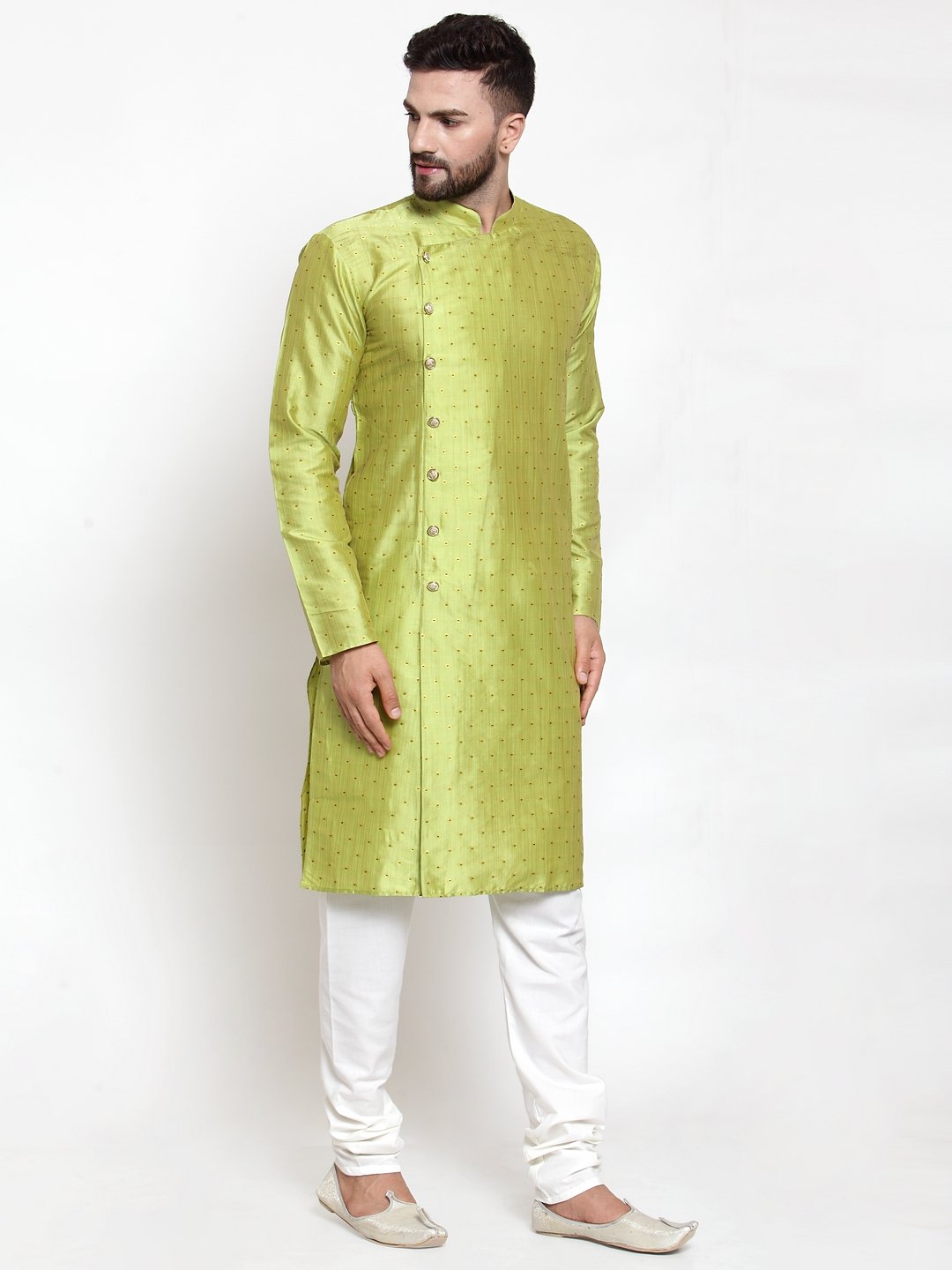 Men's Light-Green & Golden Self Design Kurta Only ( KO 590 Light-Green ) - Virat Fashions