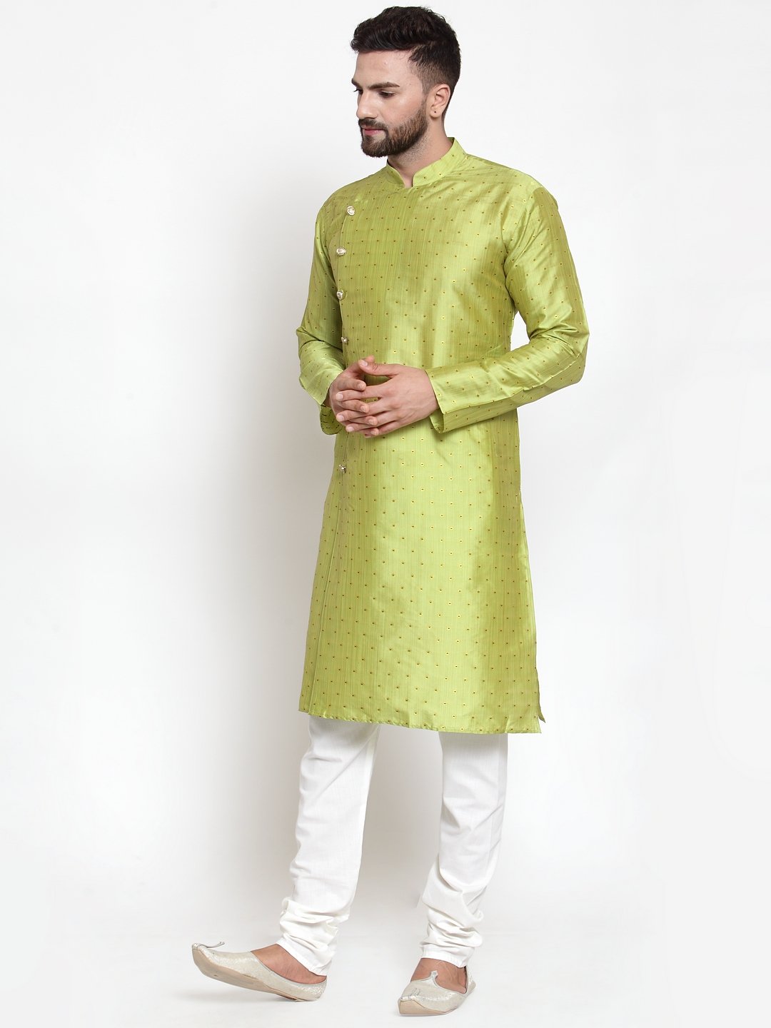 Men's Light-Green & Golden Self Design Kurta with Churidar ( JOKP 590 Light-Green ) - Virat Fashions