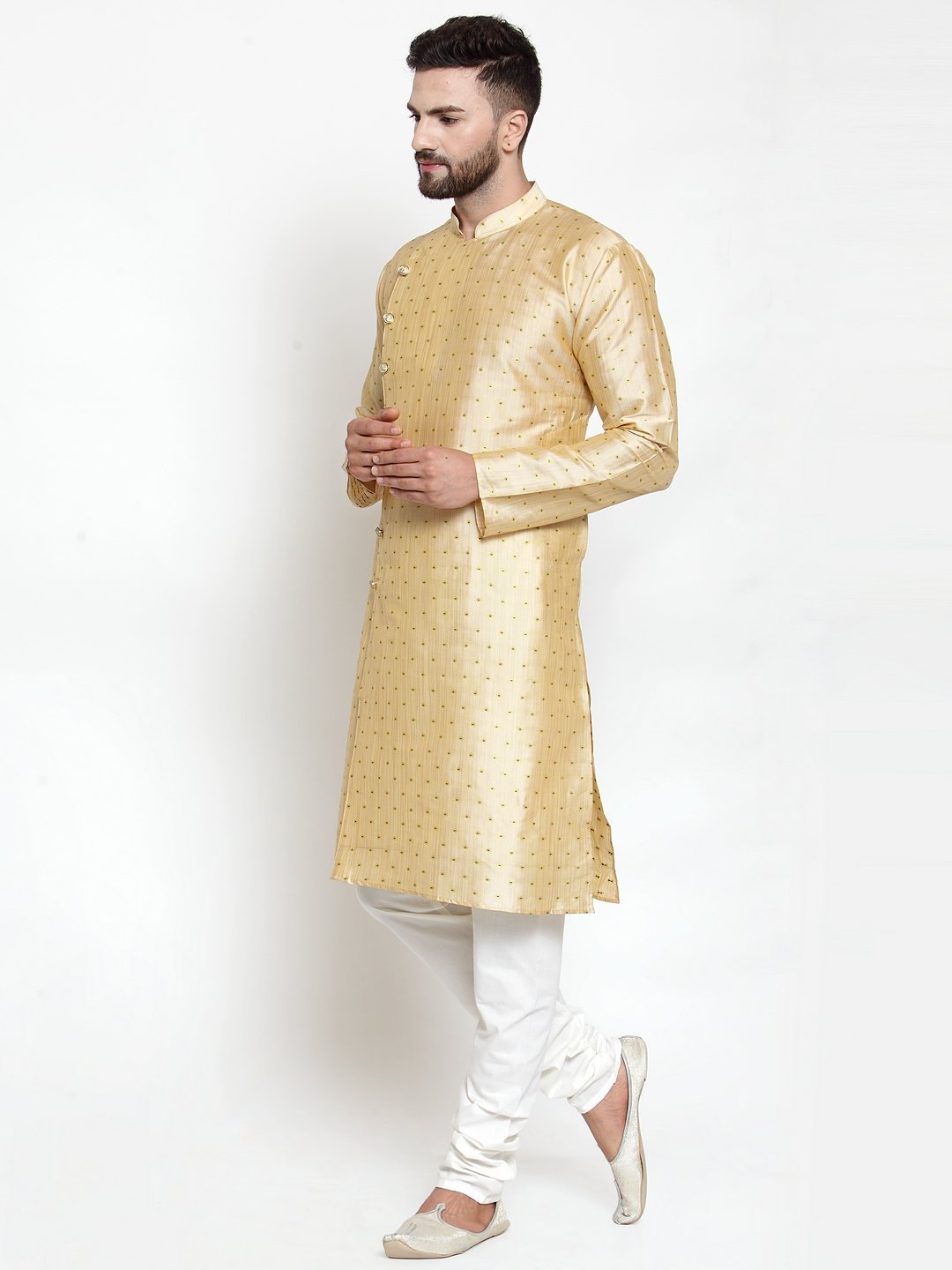 Men's Mustard & Golden Self Design Kurta with Churidar ( JOKP 590 Mustard ) - Virat Fashions