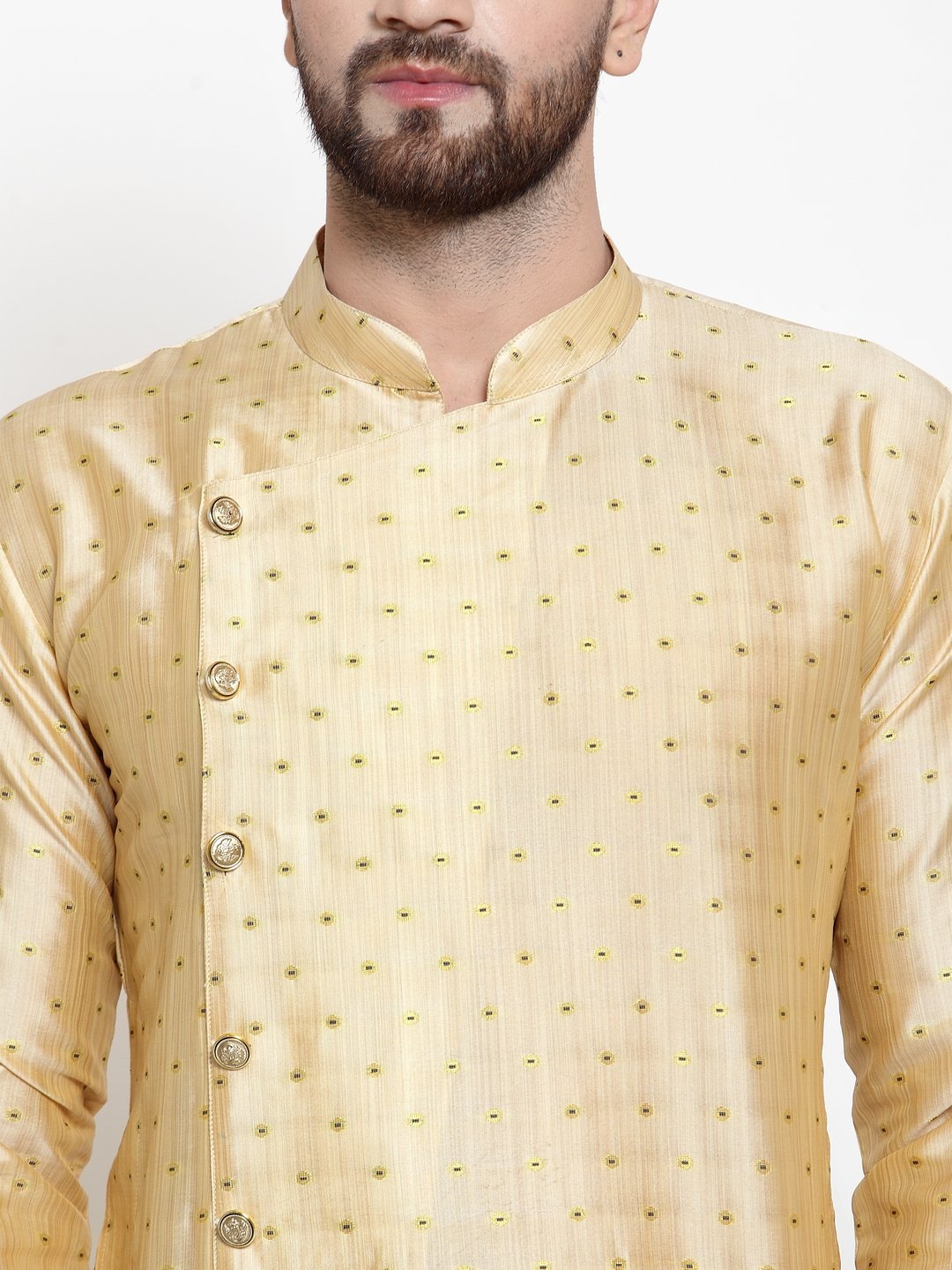 Men's Mustard & Golden Self Design Kurta Only ( KO 590 Mustard ) - Virat Fashions