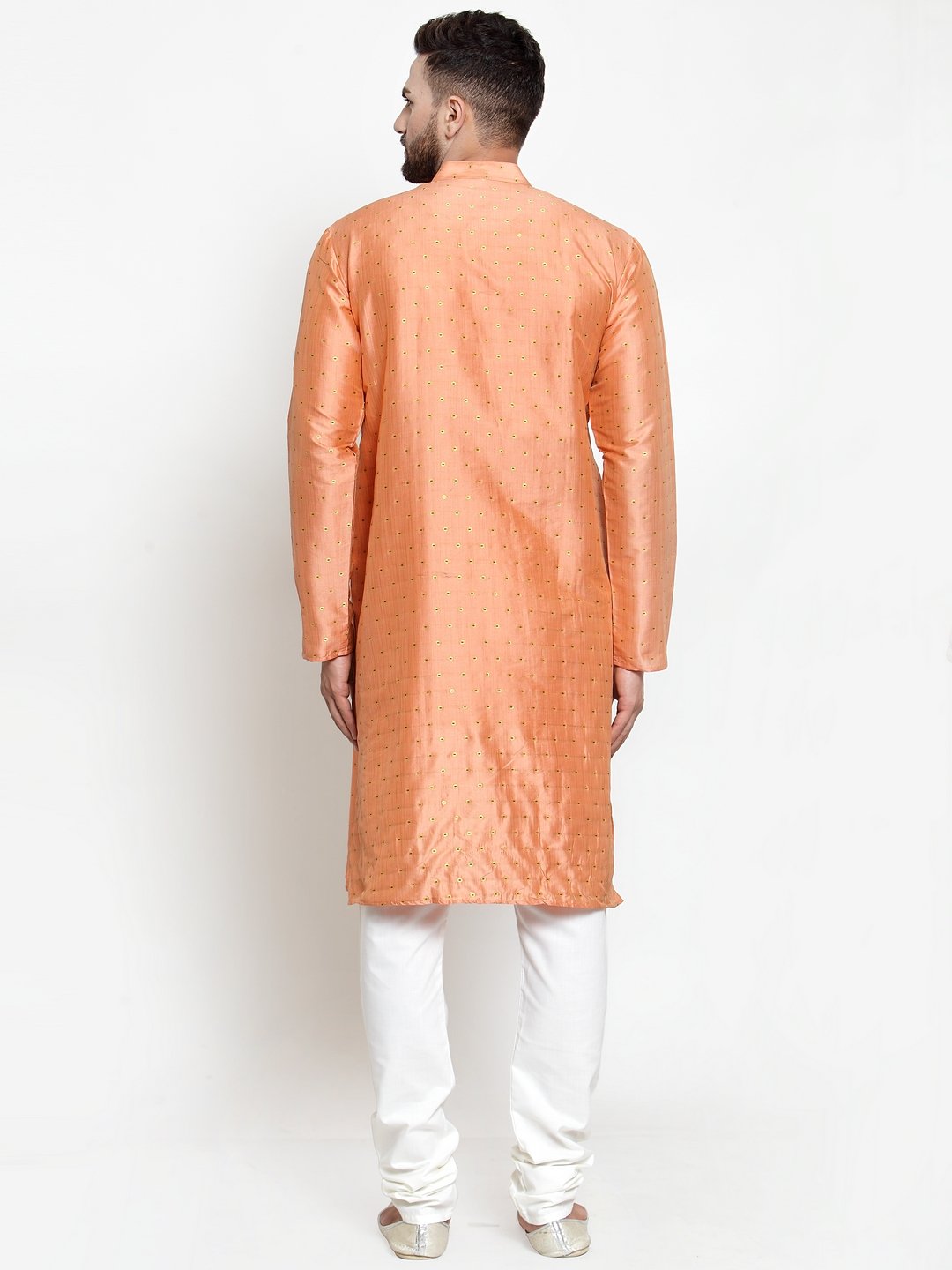 Men's Peach & Golden Self Design Kurta with Churidar ( JOKP 590 Peach ) - Virat Fashions