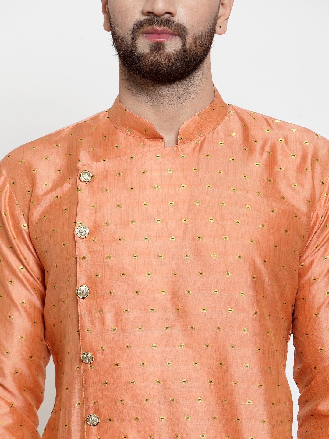 Men's Peach & Golden Self Design Kurta Only ( KO 590 Peach ) - Virat Fashions