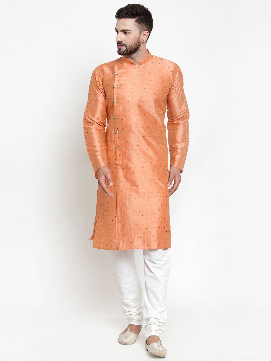 Men's Peach & Golden Self Design Kurta with Churidar ( JOKP 590 Peach ) - Virat Fashions
