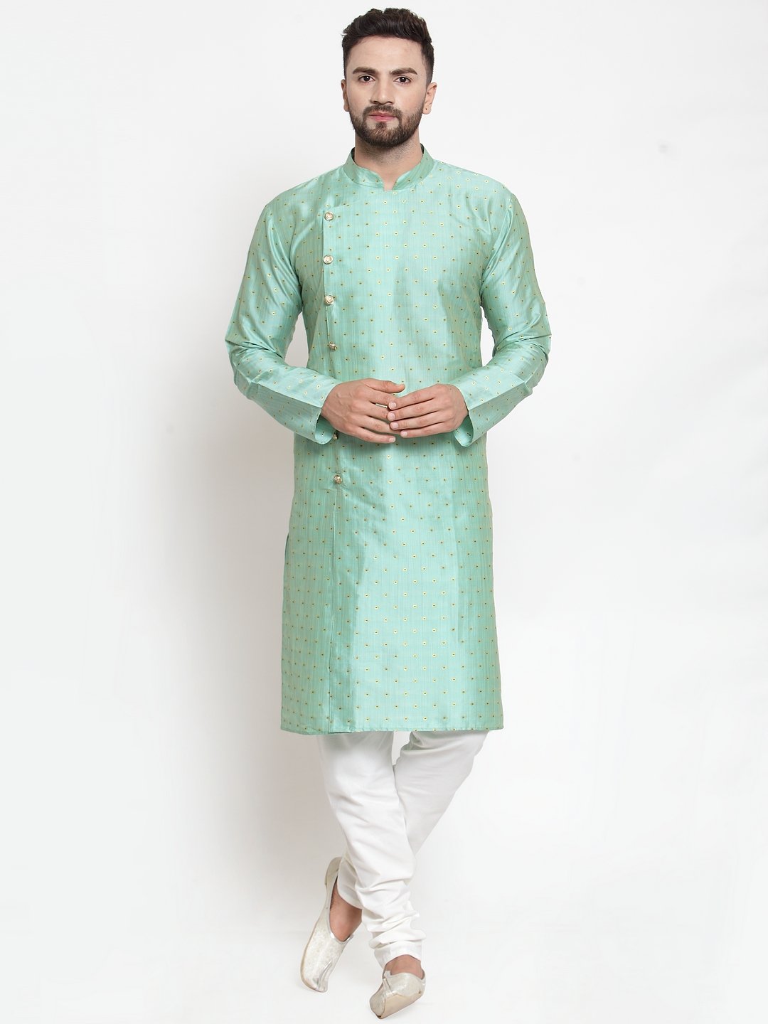Men's Sky-Blue & Golden Self Design Kurta with Churidar ( JOKP 590 Sky ) - Virat Fashions